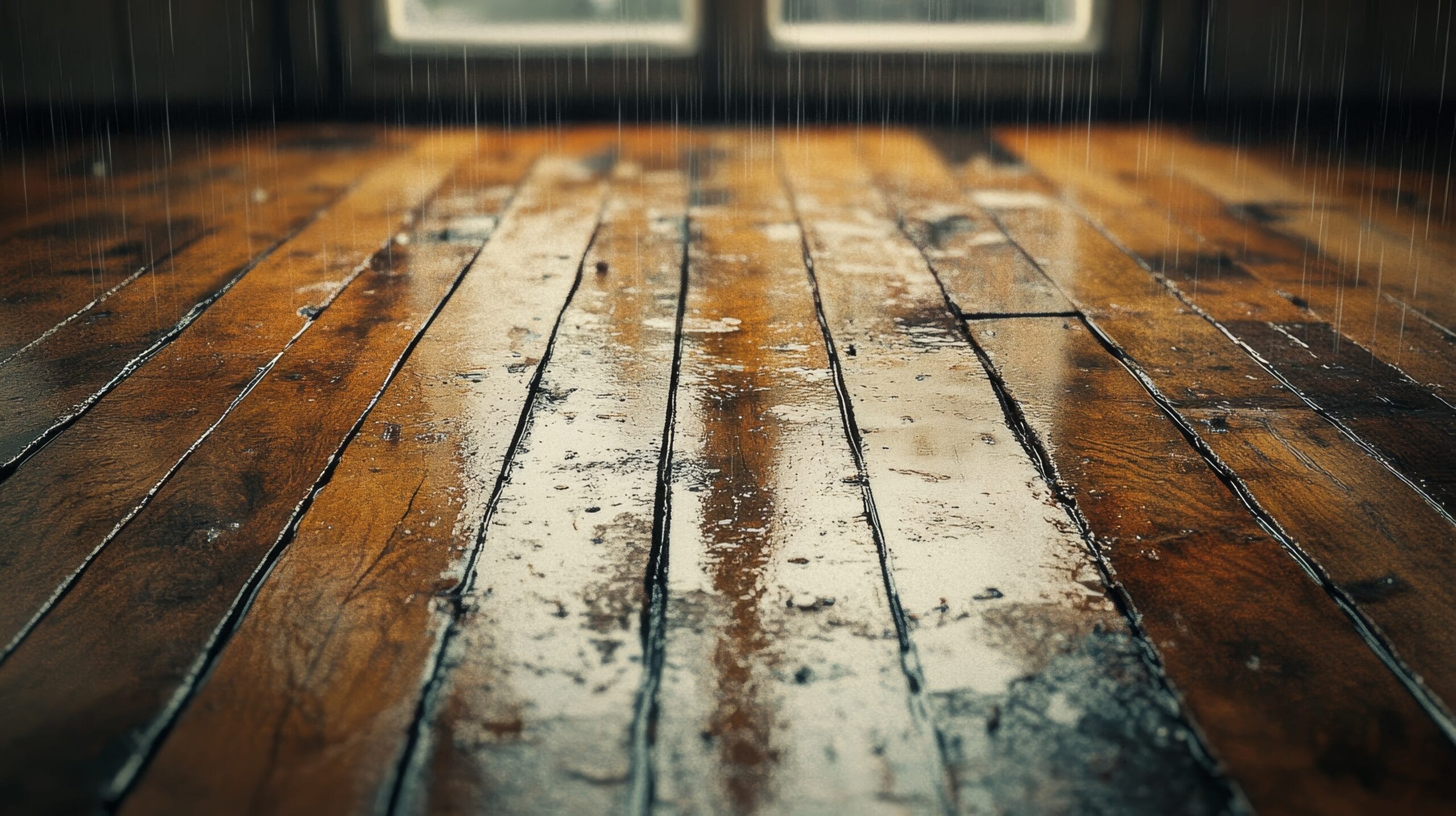 Water pooled on damaged wood flooring after storm-related water damage in a Utah home