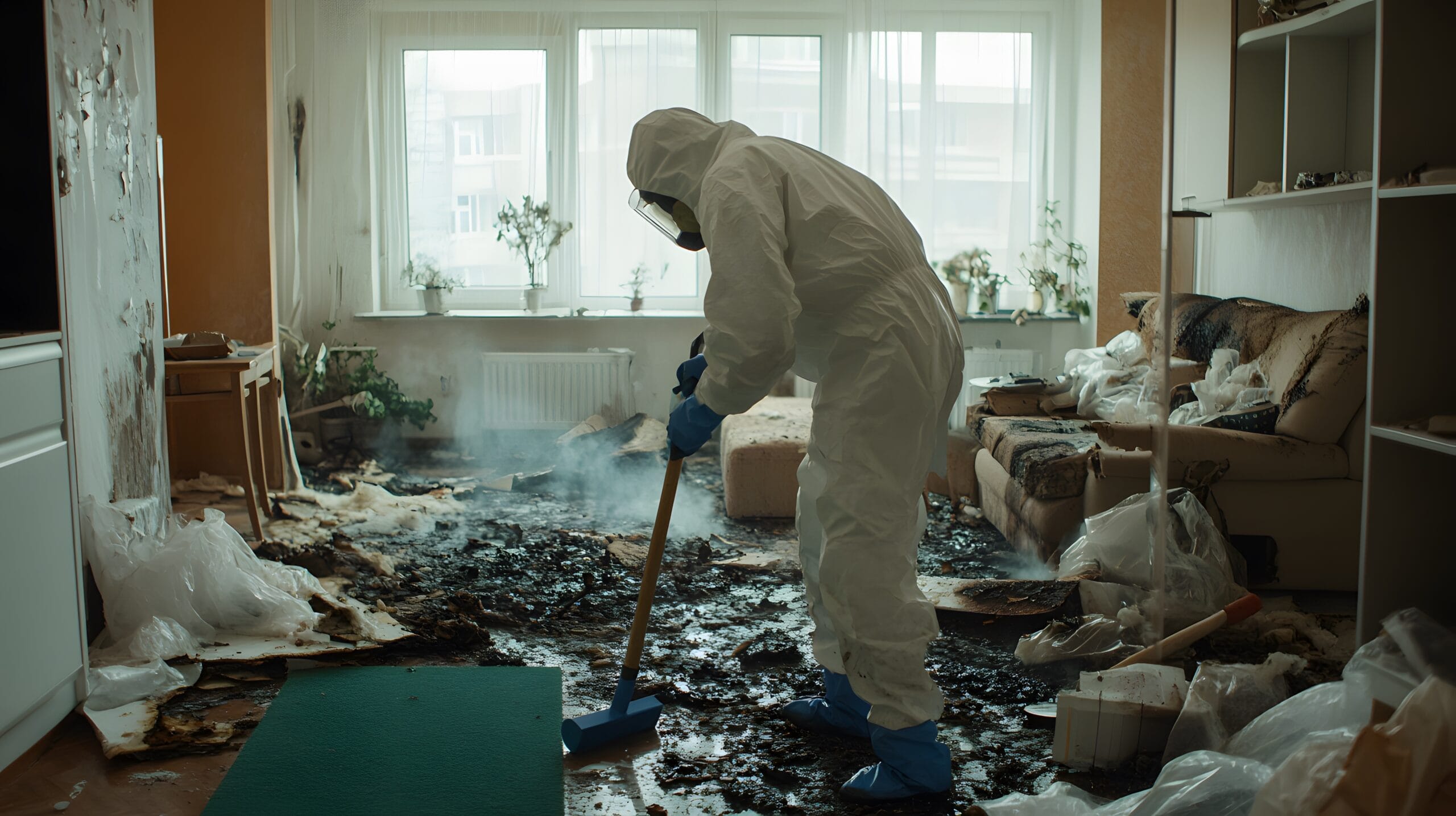 Technician in protective gear cleaning soot and fire damage inside a Utah County home